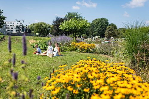 Familie verweilt auf einer der Picknickwiesen auf der Donaulände Tulln