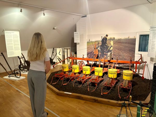 Frau steht im Zuckermuseum und schaut sich Geräte an