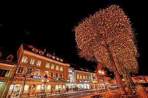 Beleuchtete Geschäftsauslagen am Tullner Hauptplatz
